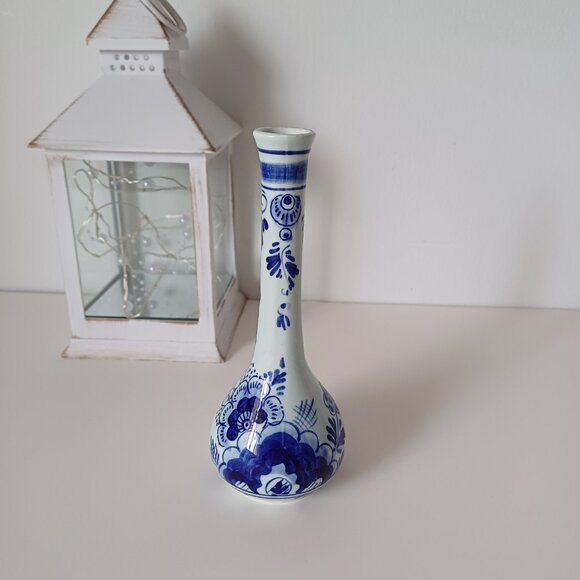Handpainted Delft Floral Blue and White Tall Bud Vase 638 - Picture 5 of 12